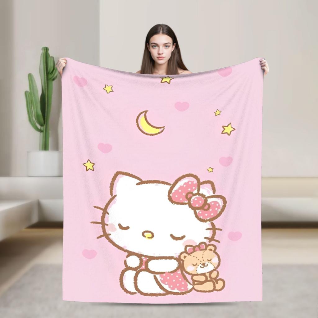 Good Night Hello Kitty Blankets Fleece Cartoon Lightweight Throw Blanket for Outdoor Travel Bedspread