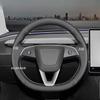 Hand-Stitched Non-Slip wear resistant Black white  Leather Car Steering Wheel Cover For Tesla New Model 3 Highland 2024