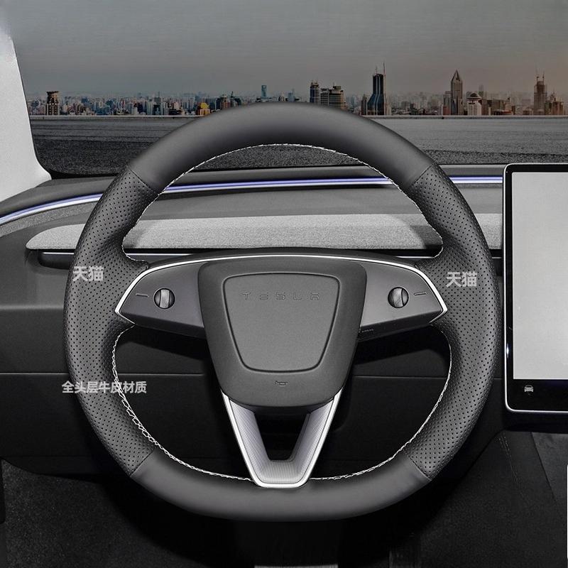 Hand-Stitched Non-Slip wear resistant Black white  Leather Car Steering Wheel Cover For Tesla New Model 3 Highland 2024