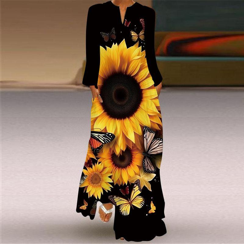 Long Sleeve Dress Classical Beauty Pattern Print Dress Stage Show Performance Wear Travel Photography Clothes