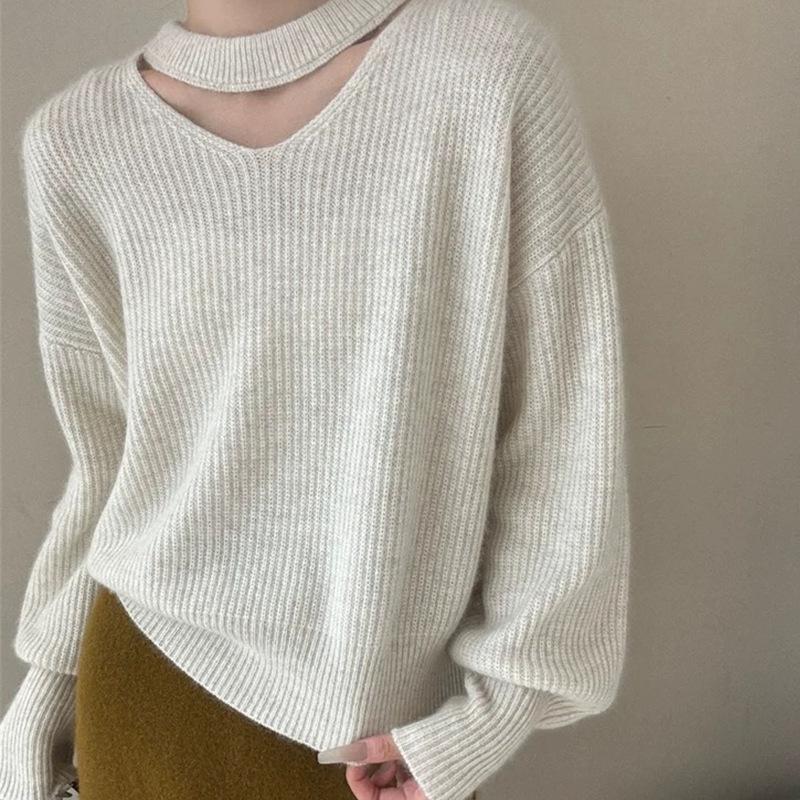 Women's V-Neck Halter Neck Pure Wool Sweater - Elegant Autumn/Winter Loose Knit Pullover