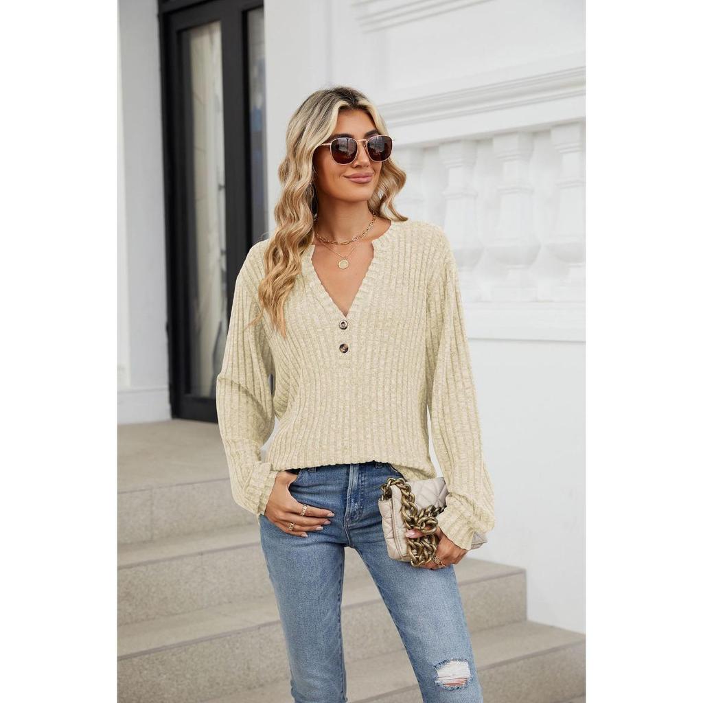 Loose Long Sleeve T-shirt Brushed Solid Color Women's Fall Winter New Leisure Ribbed Button
