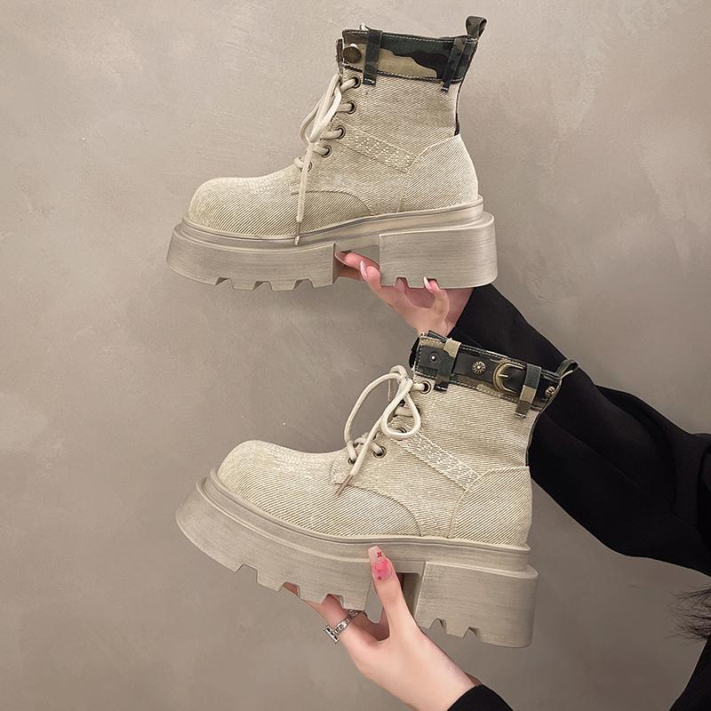 

2024 Новые женские рабочие короткие мотоциклетные ботинки на толстой подошве с высокой посадкой, ретро-джинсовые ковбойские ботинки на шнуровке для женщин 35