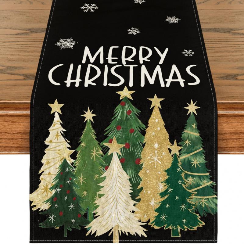 Festive Snowman Christmas Tree Table Runner Home Kitchen Dining Tablecloth for Party Decoration