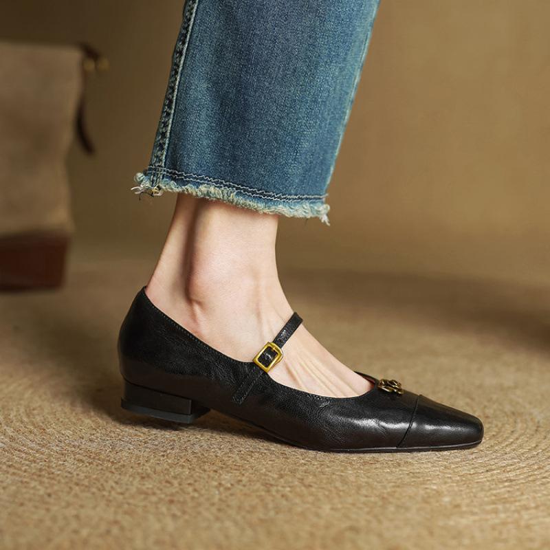 New Low-top Shallow-mouth Leather Single Shoes, Comfortable Low-heeled Single Shoes, Women's Head and Foot Pedal, Comfortable Beef Tendon So