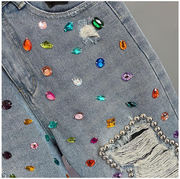 Women's Rhinestone High Waist Ripped Denim Shorts with Tassels