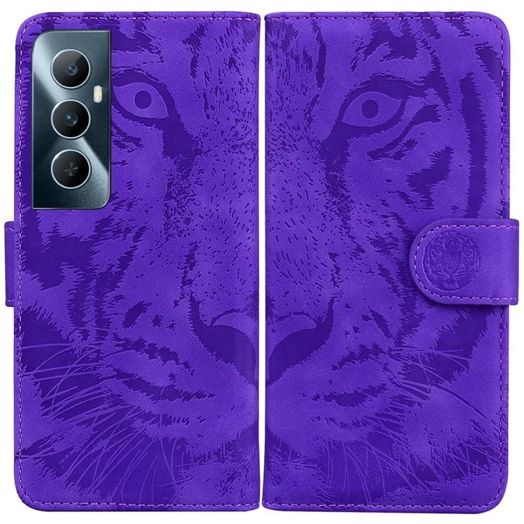 

For Realme C65 4G Case PU Leather Tiger Pattern Bookstyle Magnetic Clasp Protective Cover - Purple