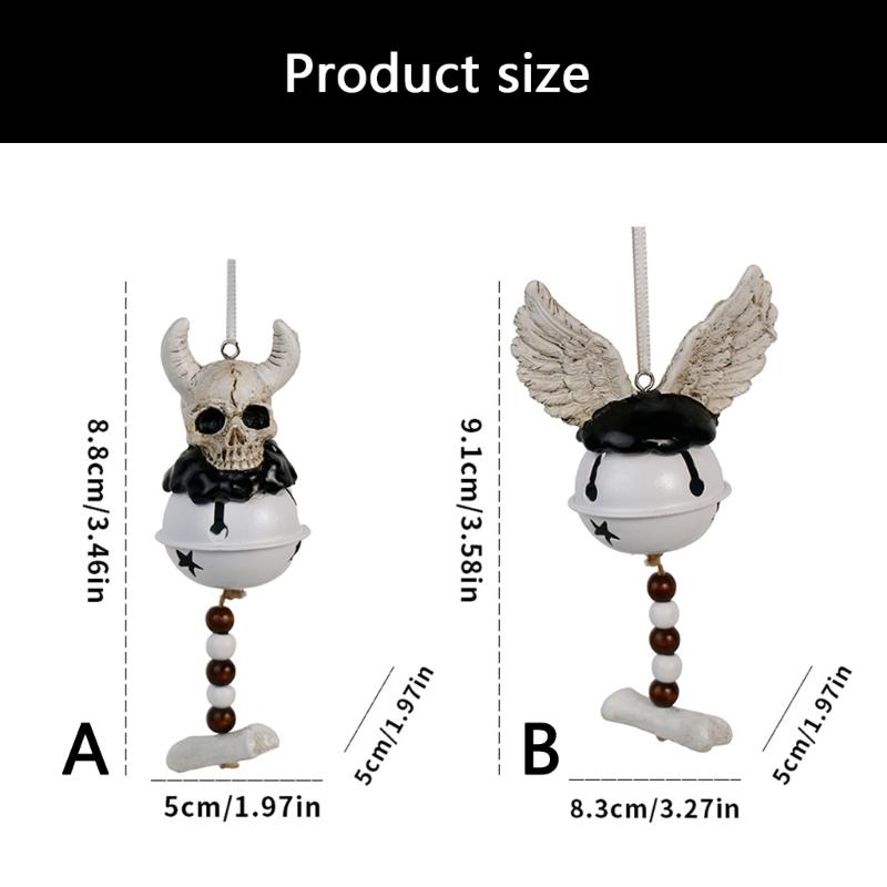 Devil Skull Windchime with Detailed Resins Metal Bells Halloween Home Decors Hanging Ornament for Horror Atmospheres