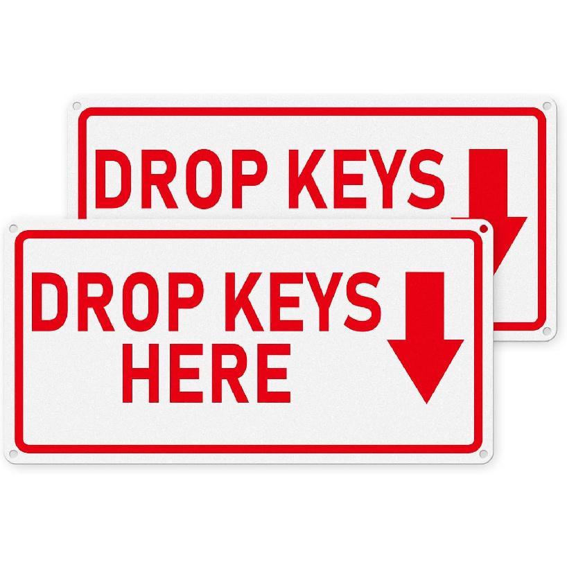 Drop Keys Here Sign 12 × 6 Inches Aluminum Self Adhesive Waterproof Metal Reflective Outdoor Signs for Door Wall Office Gate 2 Pack