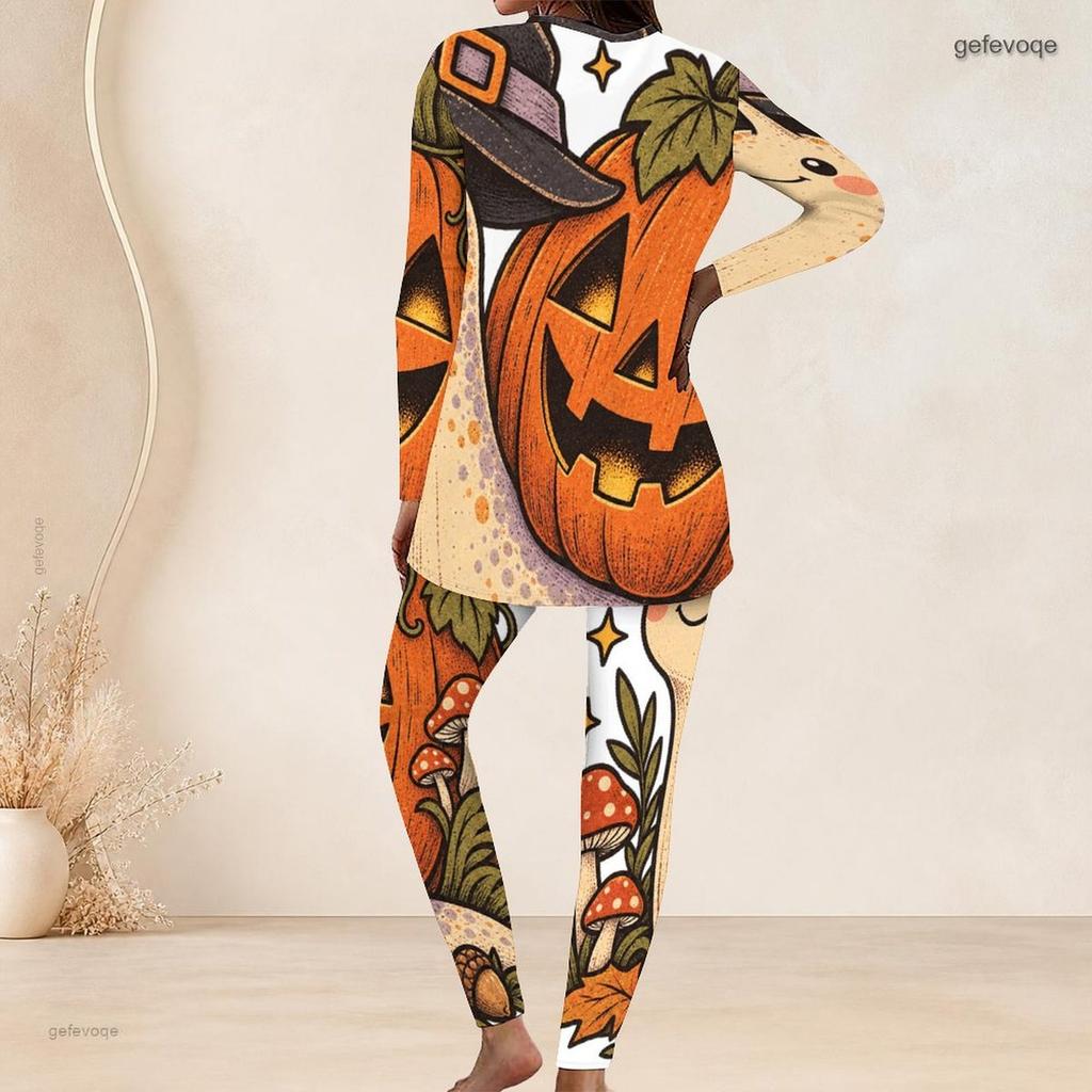 Women Plus Size Round Neck Long Sleeve Printed Cartoon Bear Pumpkin Two Piece Pants Set
