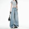 Spring Summer Tencel Fabric Back Pocket Button Design Wide Leg Denim Pants For Women Casual Pants Oversize Denim Trousers