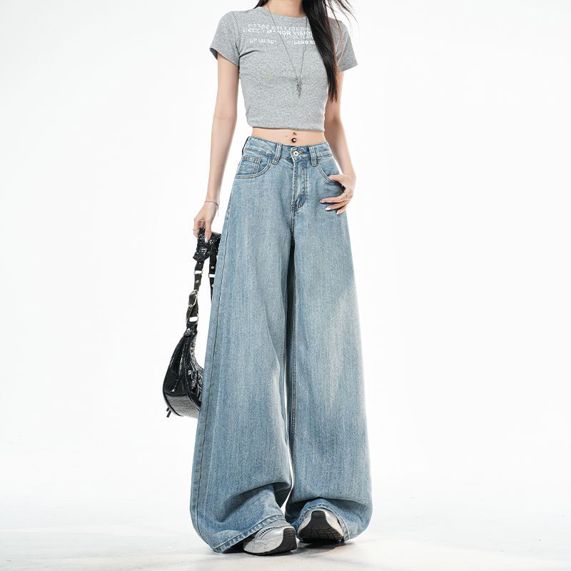 Spring Summer Tencel Fabric Back Pocket Button Design Wide Leg Denim Pants For Women Casual Pants Oversize Denim Trousers