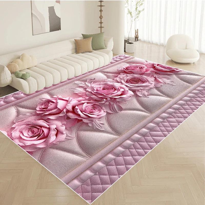 Nordic Luxury Pink Carpet Living Room Large Size Pastoral Flower Home Bedroom Rugs Washable Lounge Rug Hotel Lobby Floor Mats