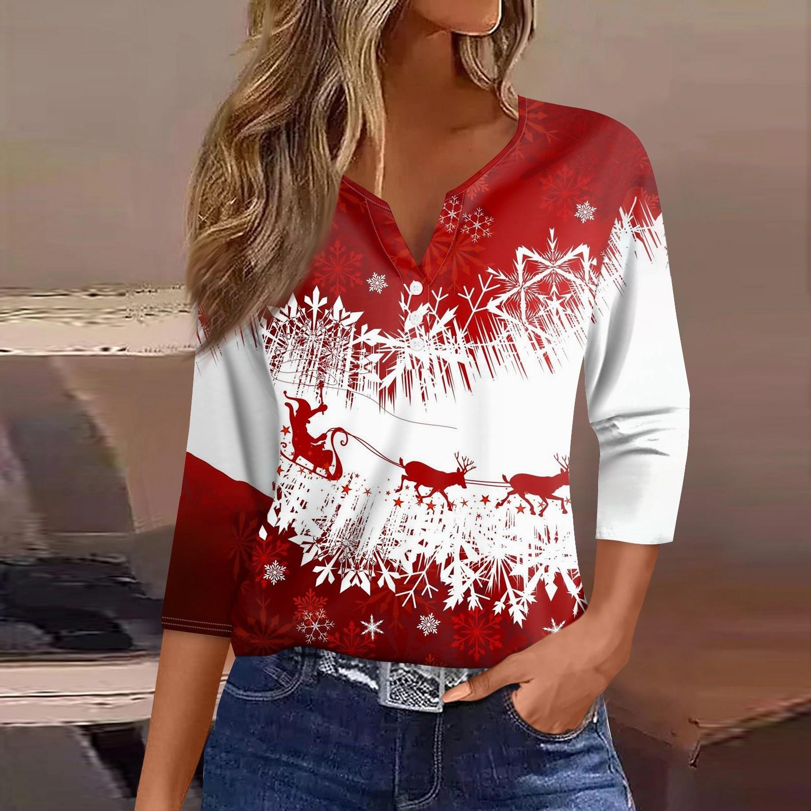 

Женская футболка с рождественским принтом, на пуговицах, рукав 3/4, повседневная мода на выходные, базовый топ с V-образным вырезом XXL белый