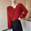Women's Early Autumn Red V-Neck Cashmere Sweater with French-Style Bubble Sleeves - Loose, Short, Wool Pullover