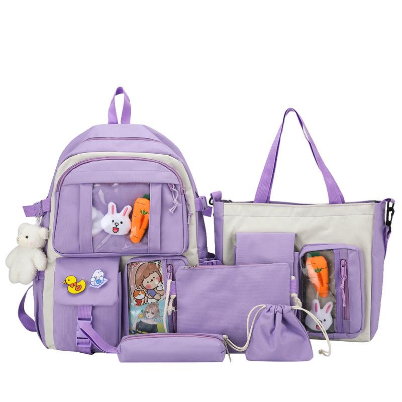 INS High School Durable Five-Piece Backpack Set for Girls - Large Capacity, Double Shoulder Bag for Junior and Middle School Students