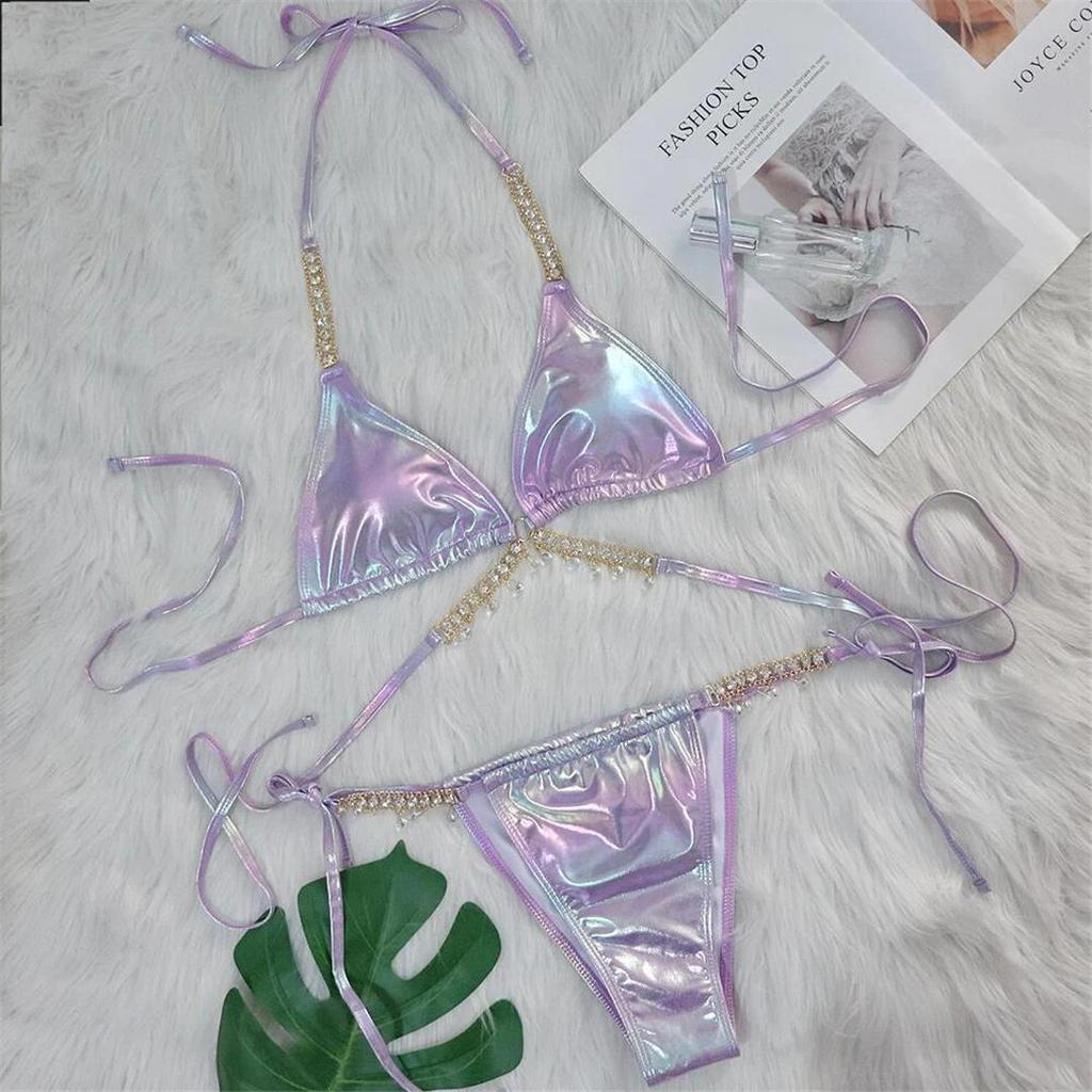 Diamond Rhinestones PU Faux Leather Bikini Female Swimsuit Women Swimwear Two-pieces Bikini Set Bather Bathing Suit Swim