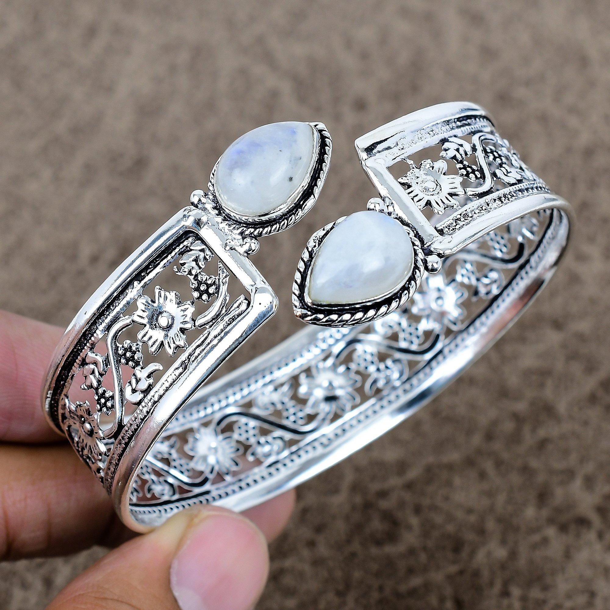 

Rainbow Moonstone Gemstone 925 Sterling Silver Cuff Bangle Adjustable KKG-778