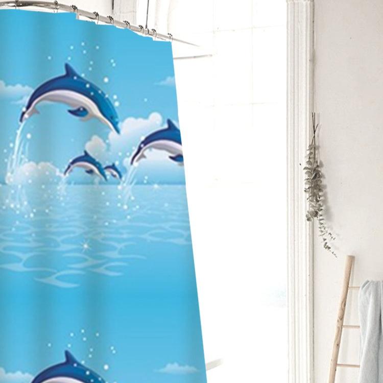Shower Curtains Cartoon Dolphin Print Waterproof Bathroom Curtain Quick Dry Blue Children Curtain For Toilet With Hooks 200Cm