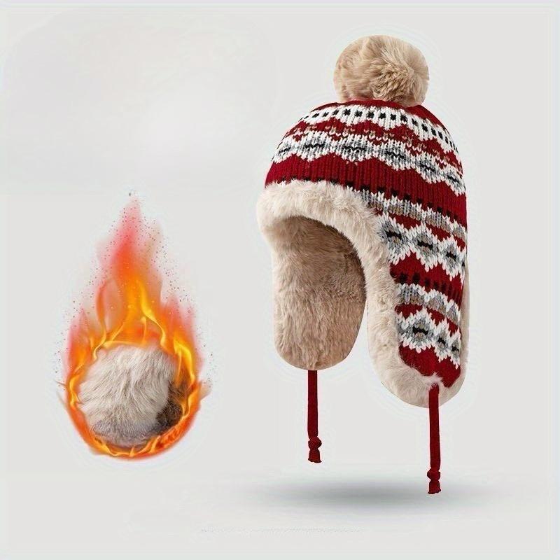 

Winter Keep Warm Thicken Knitted Fluzzy Lei Feng Hat Women Earflap Hat Plush Knitted Sweet Cute Artificial Fur Keep Warm Hat One-size червоний