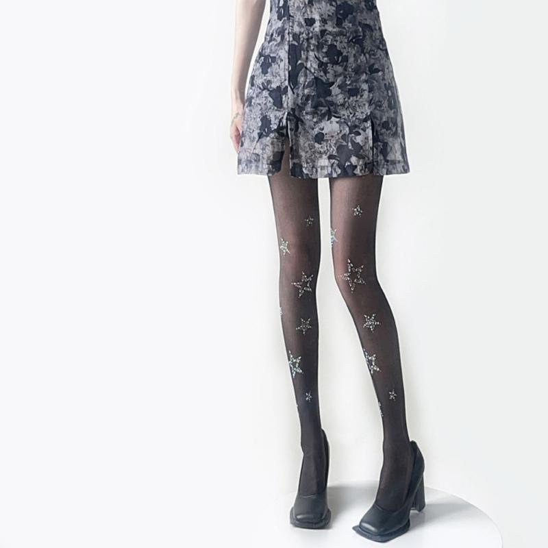 Black Sock Leggings Pantyhose Comfortable Seamless-Sheer Tight Star Print Rhinestone-Stockings for Women Girl Teen