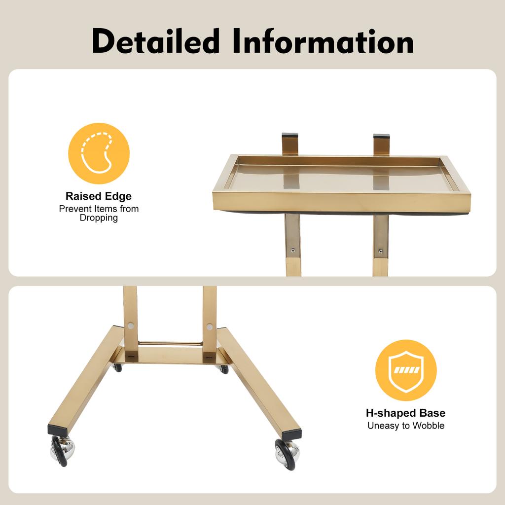 Carrello a 2 ripiani per salone di parrucchiere con ruote, organizer per prodotti di bellezza in acciaio inossidabile color oro, carrello con rotelle per salone, casa, spa