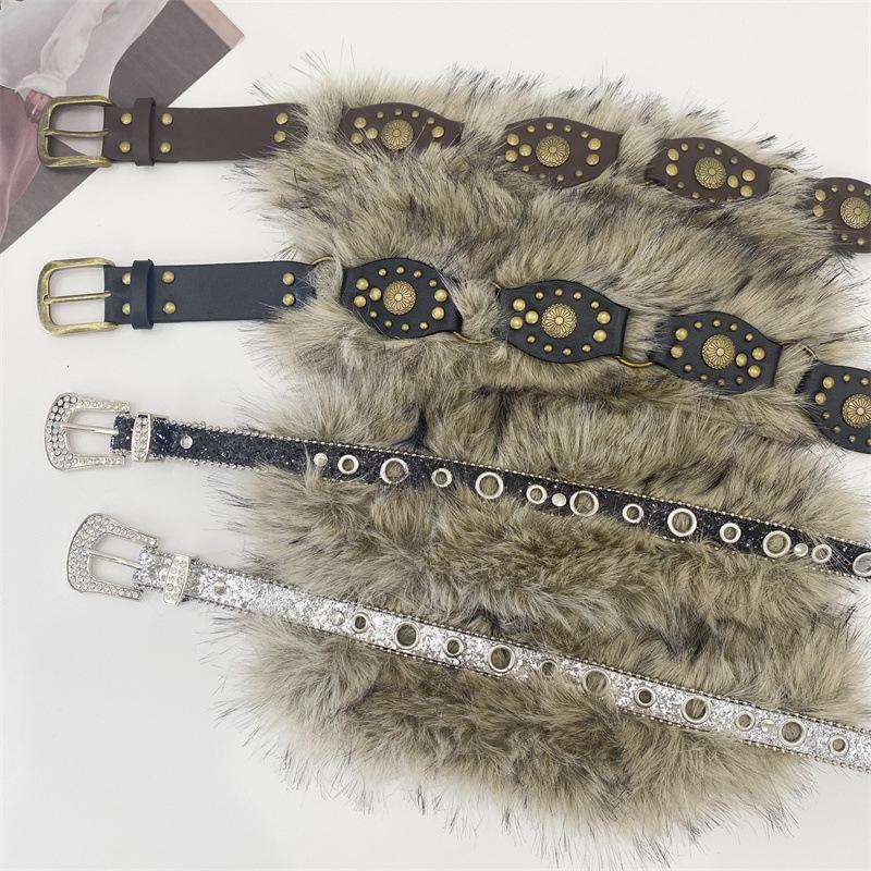 Punk Pu Studded Fur Belt Y2K Vintage Faux Fur Waistband Metal Plush Furry Waistband Jeans Waist Belts Accessories