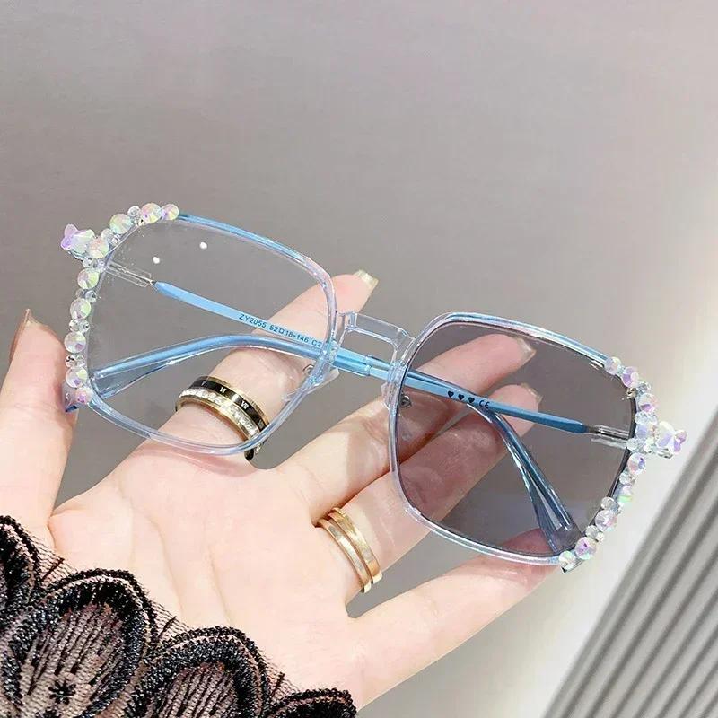 Trendy Luxury Diamond Style Photochromic Myopia Glasses Anti Blue Light Women'S Ultra Light Large Frame Style Diopter To -4.0