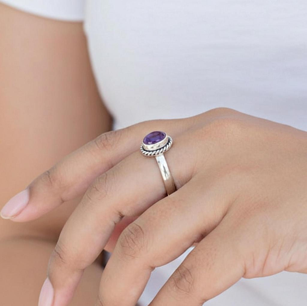 Purple Amethyst Oval Rope Bazel Ring, 925 Sterling Silver Jewelry, Minimalist Boho Ring for Women