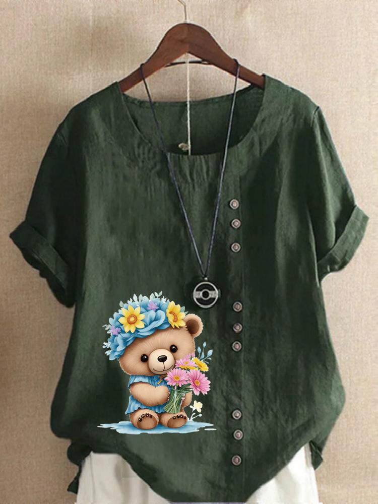 Women's Fashion Flower Bear Print Casual Cotton Linen Short Sleeve Round Neck T-shirt Shirt Leisure Loose Summer Blouse Tops