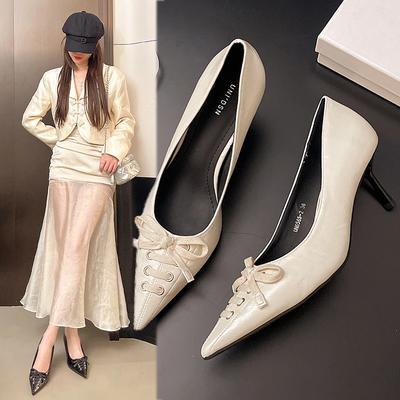 Sexy Puntige Neus Dunne Hoge Hak Dames Pumps Vetersluiting Strik Design Zwart Leer Hoge Hakken Punk Stijl Mode Elegante Vrouw Hakken