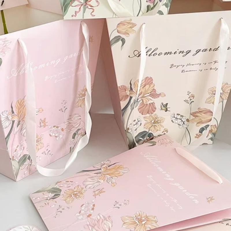 Flower Cake Dessert Packaging Box Portable Flower Gift Bag Kraft Paper Holder Photo Favor Drink Carrier With Handle