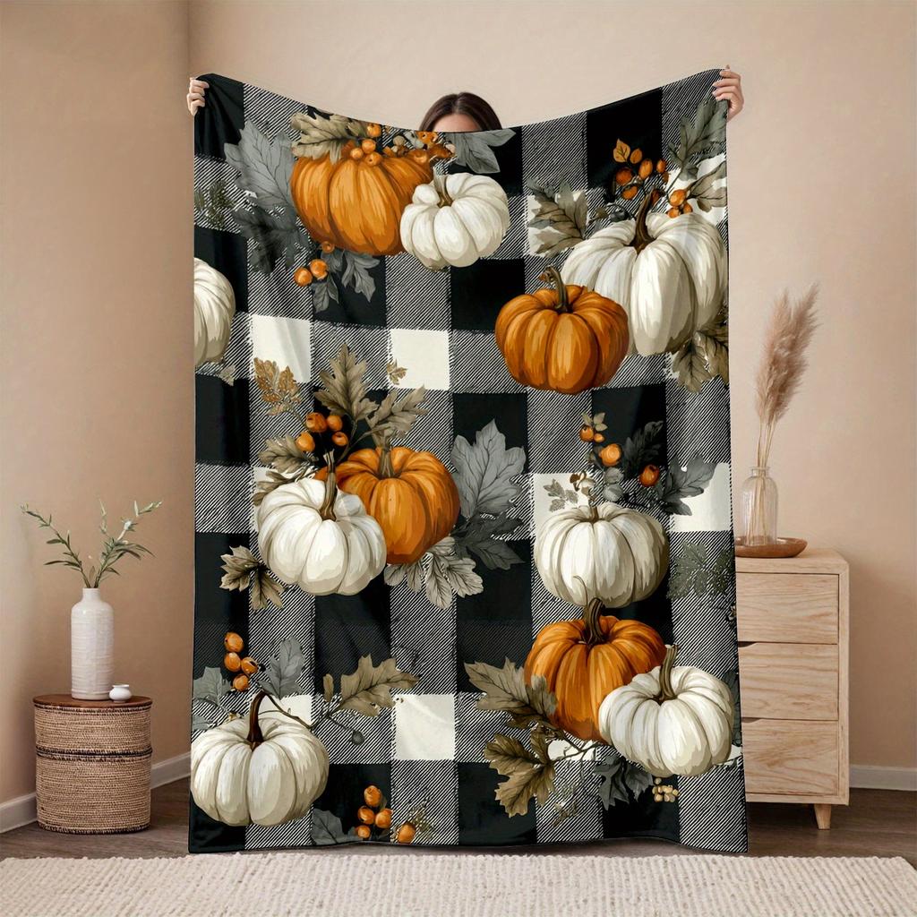 1pc Room Decoration Blanket, Pumpkin, Grid, Leaf Pattern Flannel Blanket jack-o'-lanterns Festive Halloween