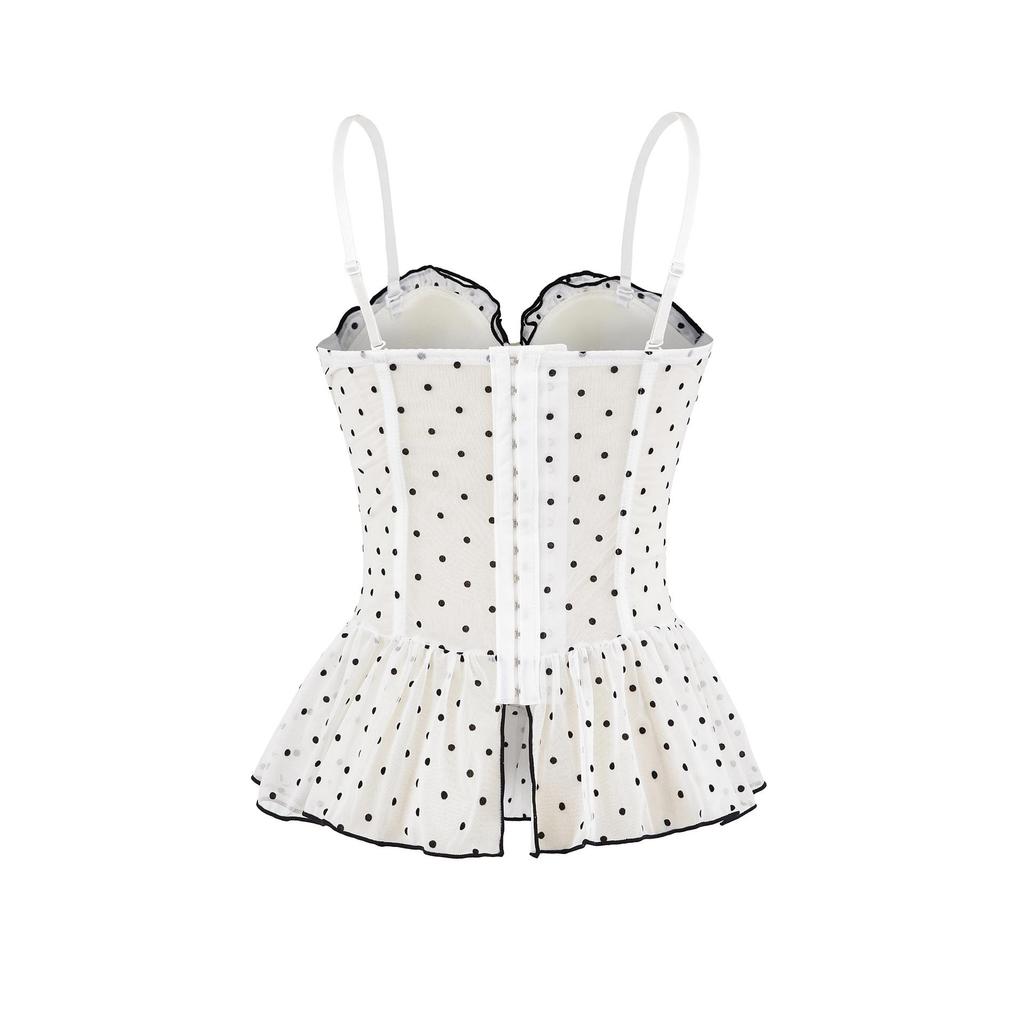 French Girl Polka Dot Waist-Cinched Mesh Bandeau Camisole – Slim Sleeveless Summer Top