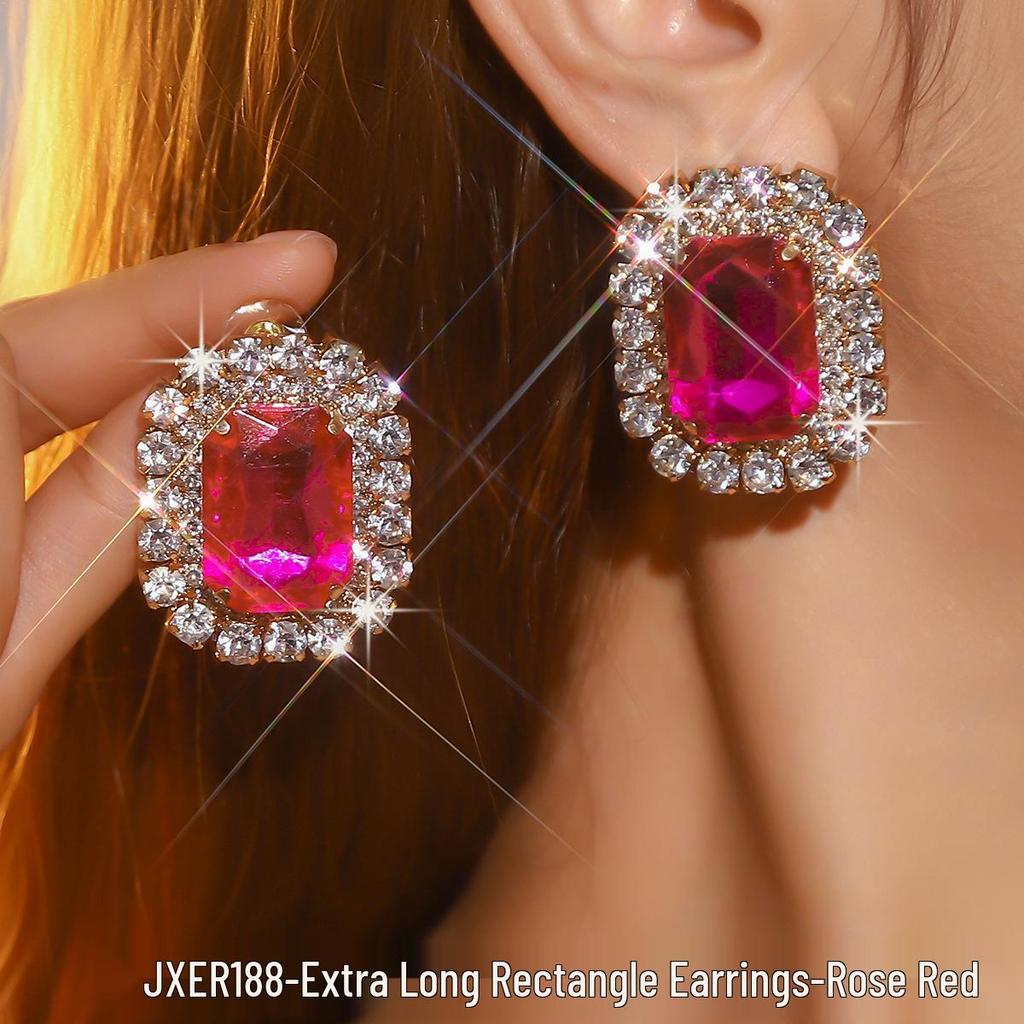 Exaggerated Geometric Heart Crystal Stud Earrings: Pink, Green, Black - Versatile Evening Ear Accessories