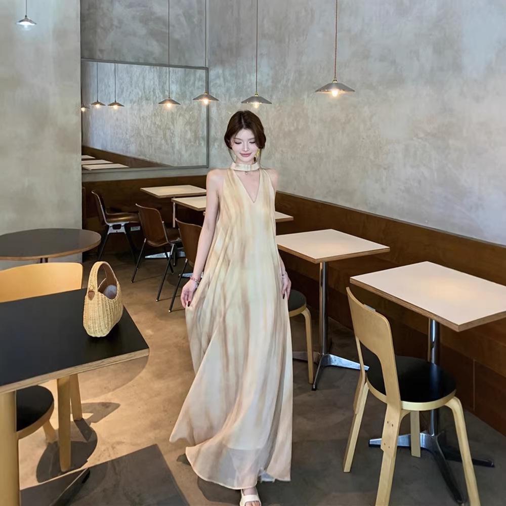 2026 French Yellow Spaghetti Strap Sleeveless Dress for Women - Summer Beach Fairy Long Dress M