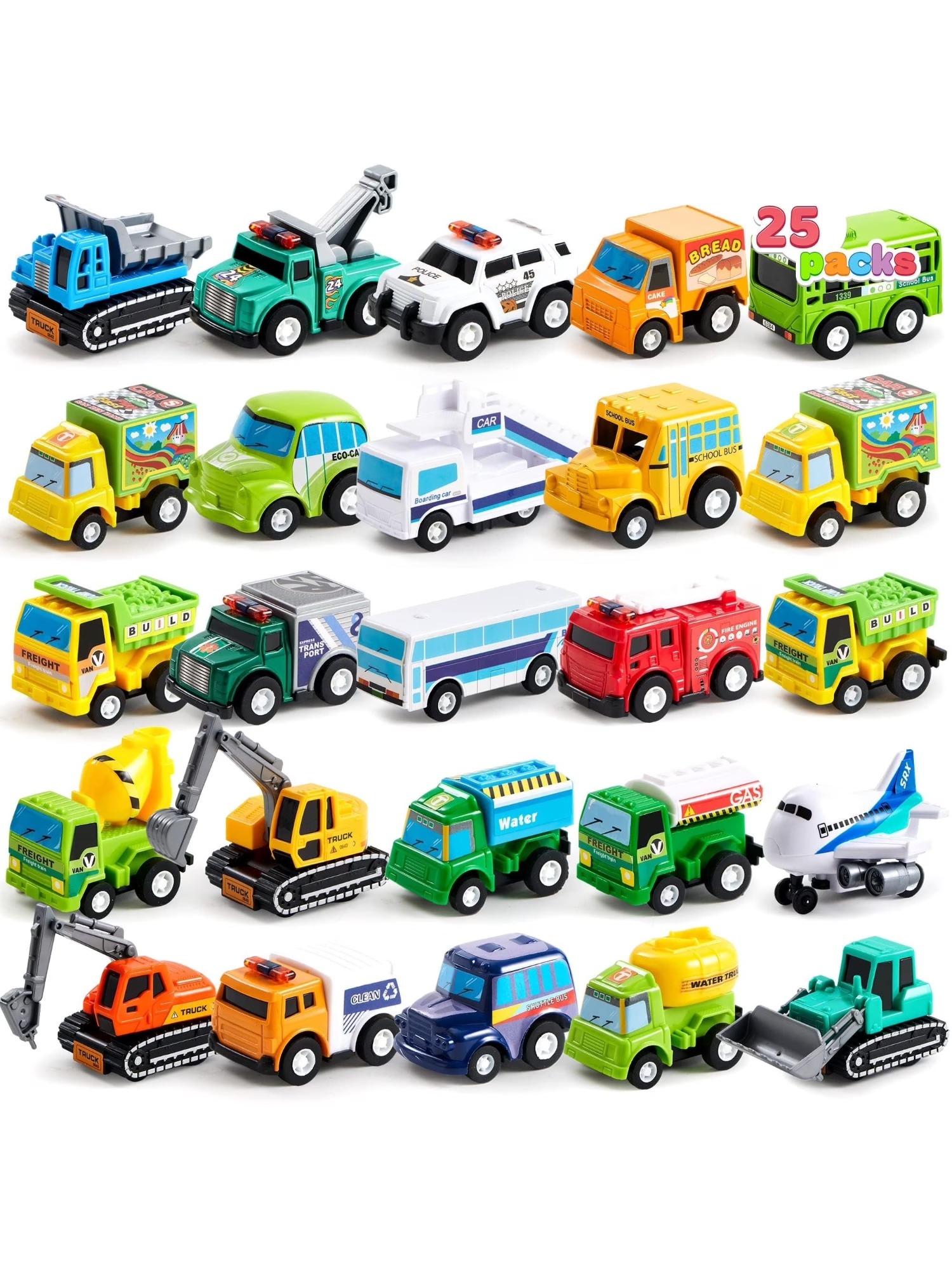 

JOYFY 25 Pcs Kids Toy Cars Bulk, Pull Back Cars and Trucks Play Vehicles Set Mini Excavator for Boys and Girls Birthday Gift
