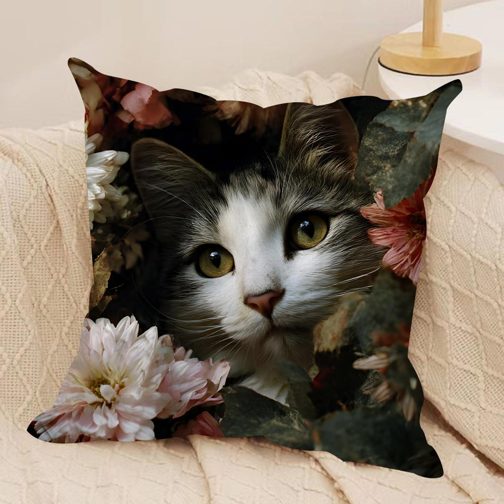 Katze und Blume Kissenbezug Weicher Plüschstoff Beidseitig Bedruckte Kissenbezüge für Alle Jahreszeiten Heimdekoration