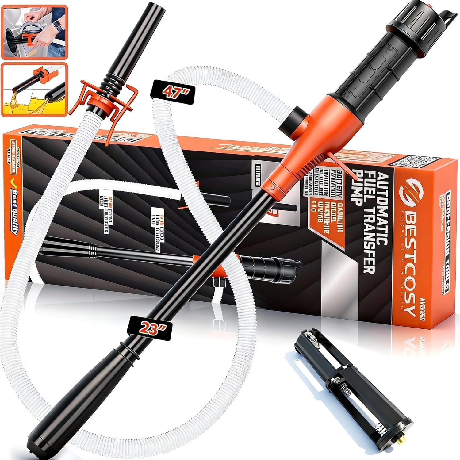 

Portable Transfer Pump Battery Operated Electric Siphon Pump for Gas, Fuel, Diesel, Water Transfer 2.4 GPM Flow Oil Extractor, 47 Inches Hose-Easy to 1 Pack of Orange