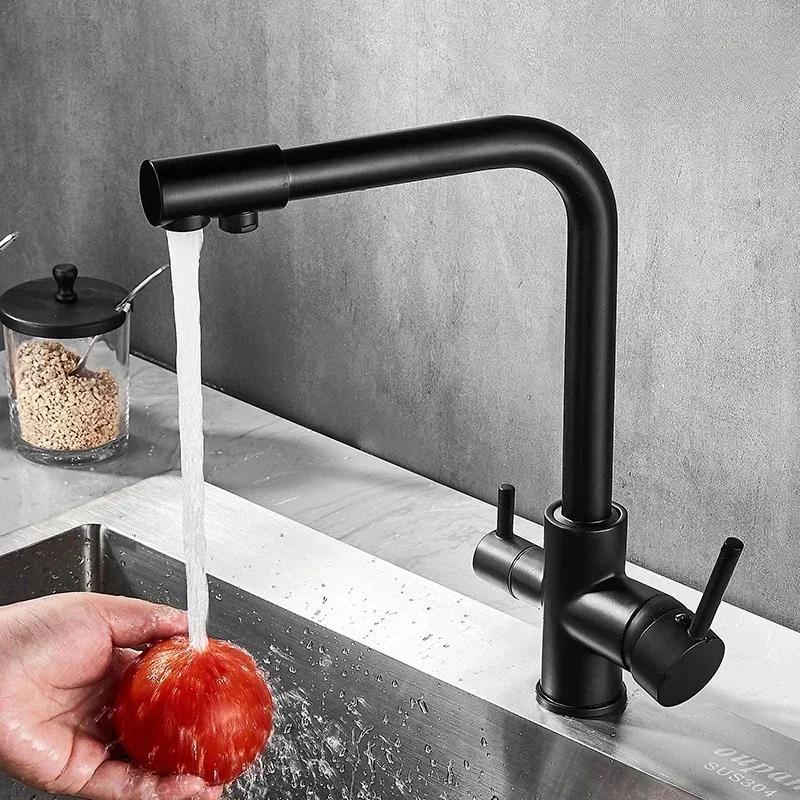 Copper Hot and Cold Modern Kitchen Sink Faucet Stainless Steel Dual Spout Drinking Water Filter Double Handle Sink Mixing Tap