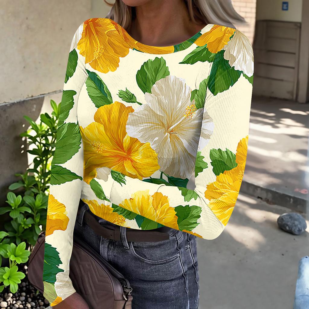 Damen Lässiges Mode-Oberteil mit Rundhalsausschnitt, Hawaiianischem Print und Langen Rippbündchen