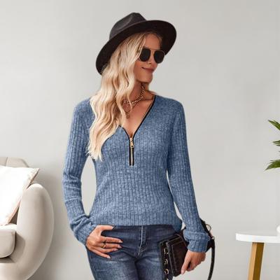 Women Tops V-Neck Zipper Half Placket Long Sleeve Pullover Tops Solid Color Slim Fit Ribbed Knitting