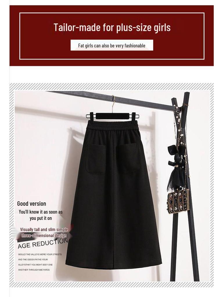 Women's Solid Color Half-Skirt with Pockets and Back Slit - Spring/Autumn Stylish, Elastic Waist, Mid-Length, Mature Style