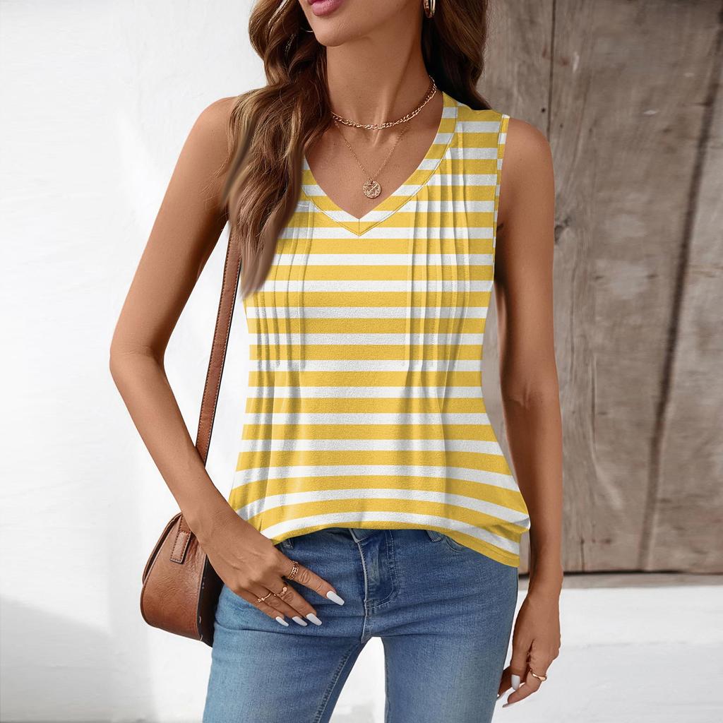 Women Sleeveless V Neck Tank Top Loose Fit Striped Pleated Design Casual Summer Blouse Lightweight Soft Fabric