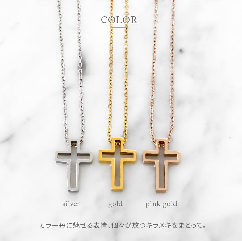 [mico.lor] Stainless Steel Necklace (197) Cross Pendant, Surgical Stainless Steel 316L, Hypoallergenic, Women's, Men's, Pink Gold