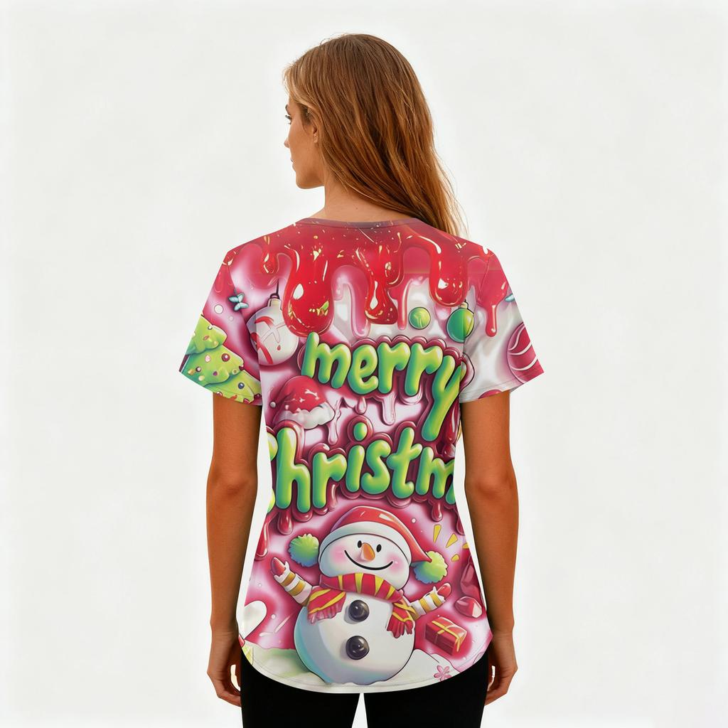 Ladies' Christmas Printed Fashionable V-neck Pocket Short Sleeved  Uniform And Caregiver Top
