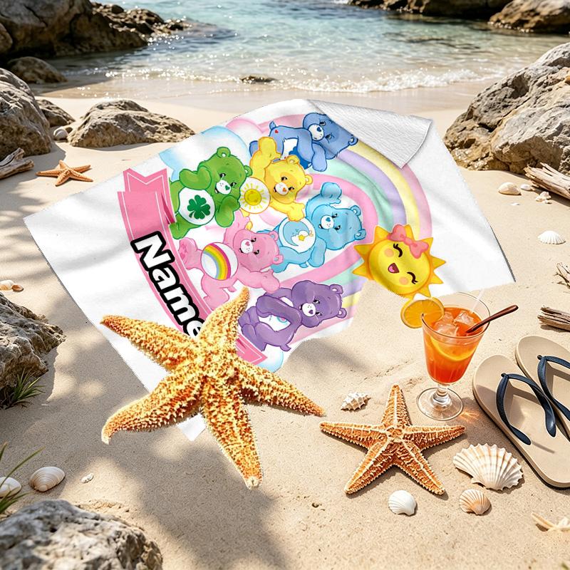 Custom Name Personalized Care Bears Print Beach Towel, for Trip Camping Beach Party Home Decor, Birthday Gift for Family & Friends