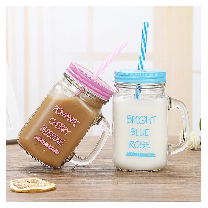 Creative Straw Cup, Glass Cup, English Rooster Cup, Handle Cup, Milk Tea Bottle, Beverage Bottle, Mason Cup with Lid
