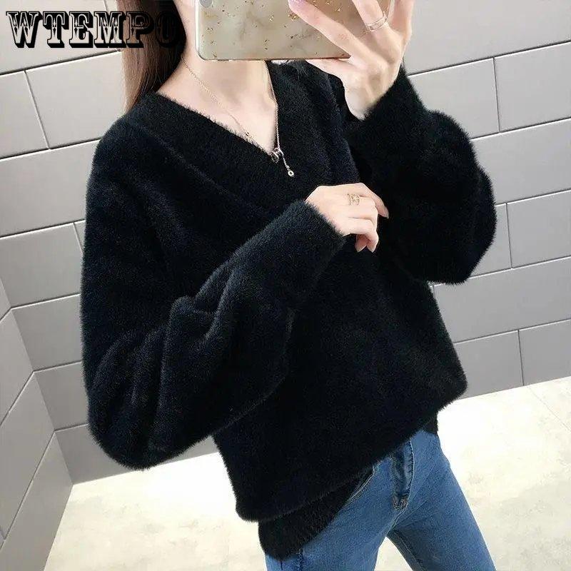 V-neck Mink Sweater Thickened Knitted Jumper Female Korean Style Pullover Loose Casual Sweater Winter Warm Outwear Bottming Tops