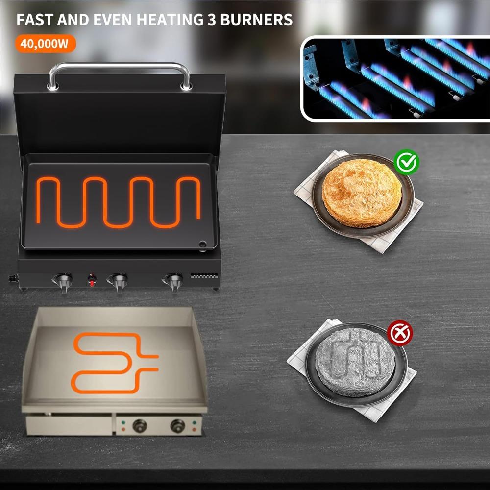 3 Burner Gas Griddle with Hood- 23.3 Inch Outdoor Propane Griddle-45000 BTU Propane Fuelled, Portable Flat Top Gas Grill